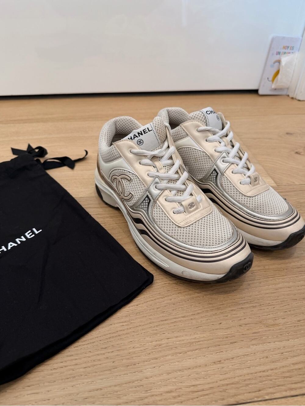 CHANEL  Beige Cream Lace-Up Sneakers with Logo
